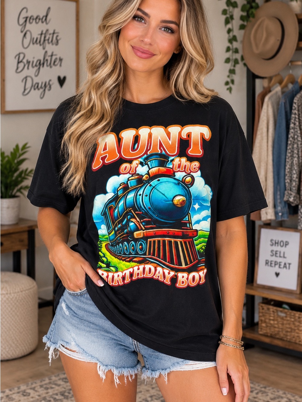 181 Gildan Black 'Aunt of the Birthday Boy' Train Graphic Tee